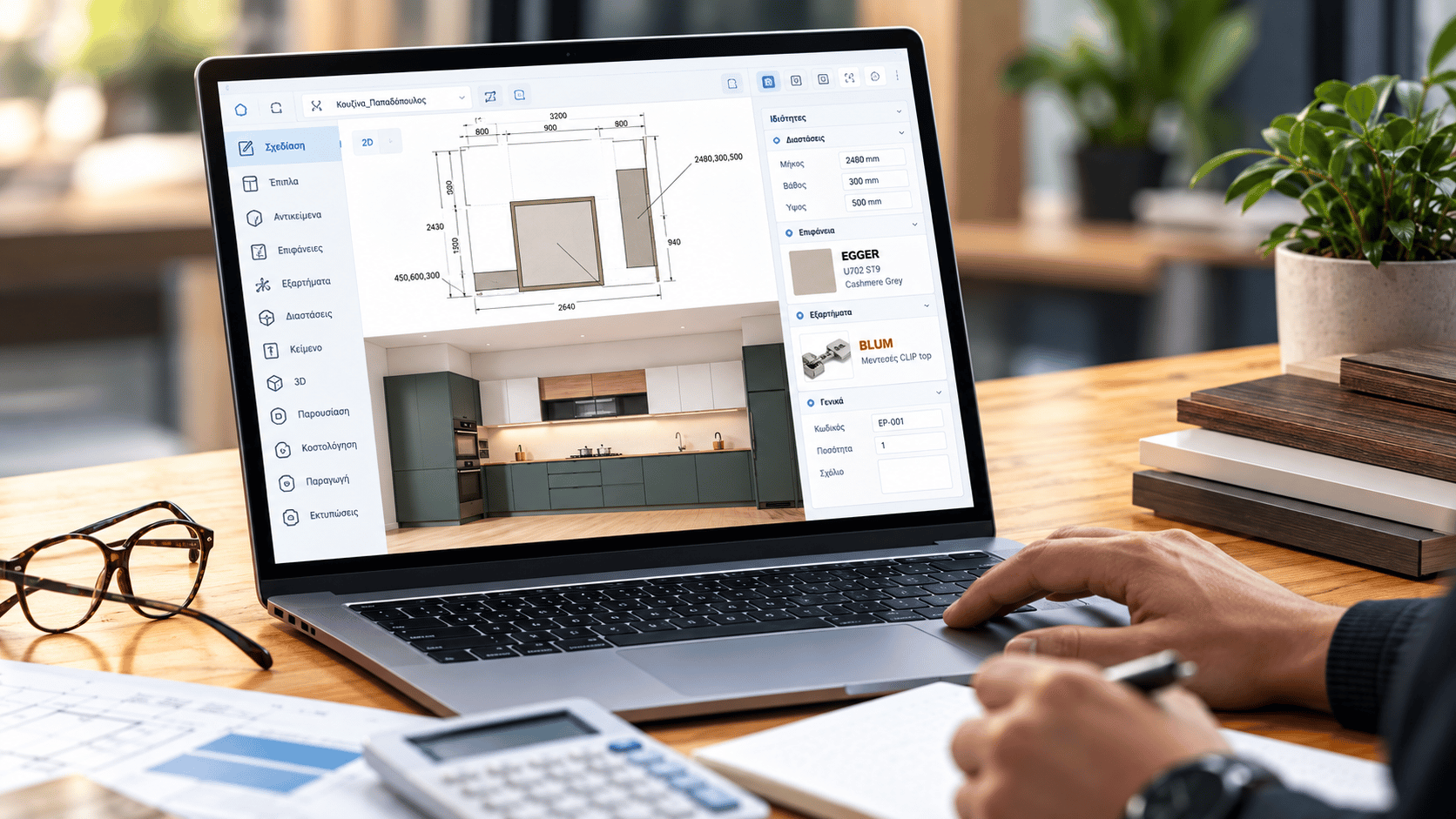 Απεικόνιση σχεδιασμού επίπλου σε 2D και 3D σε φορητό υπολογιστή